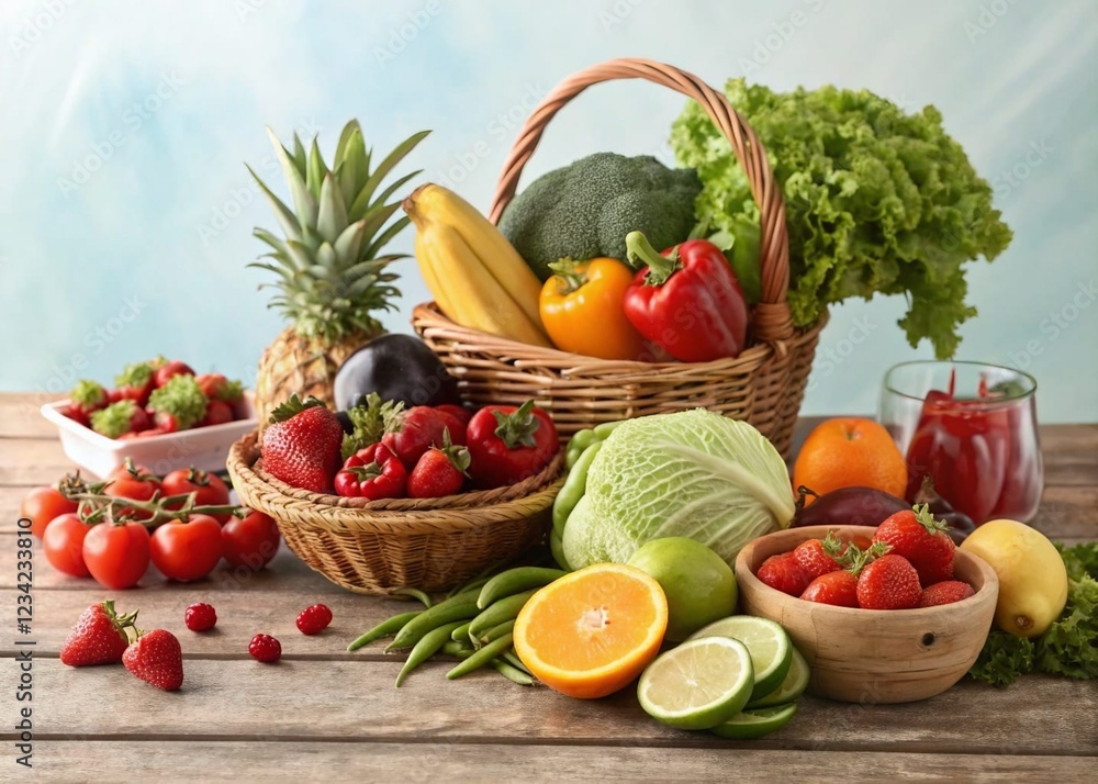 Assortment of fresh organic fruits and vegetables in rainbow colors Assortment of fresh organic fruits and vegetables in rainbow colors