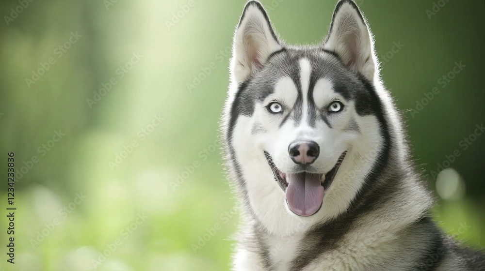 A beautiful Siberian Husky with striking blue eyes smiles gently against a soft green backdrop. Pure happiness! A beautiful Siberian Husky with striking blue eyes smiles gently against a soft green backdrop. Pure happiness!