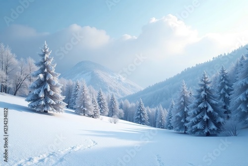 A frosty landscape with trees and hills covered in snow, hills, winter, trees
