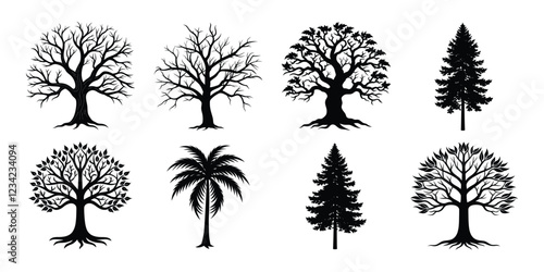 Tree silhouette set. Various trees vector illustration on white background