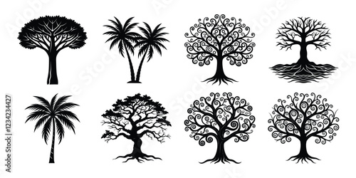 Tree silhouette set. Various trees vector illustration on white background