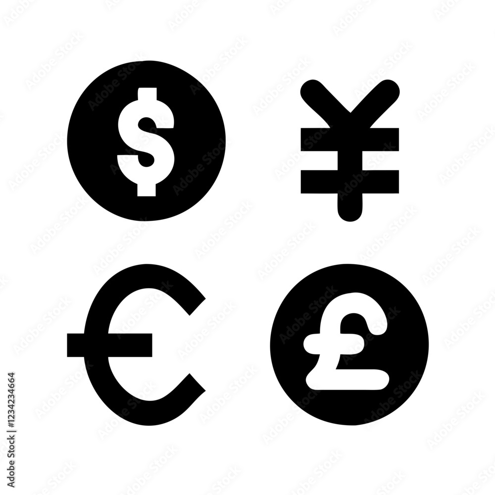 Currency symbols icon, diverse and global, minimalist style, black and white design Currency symbols icon, diverse and global, minimalist style, black and white design