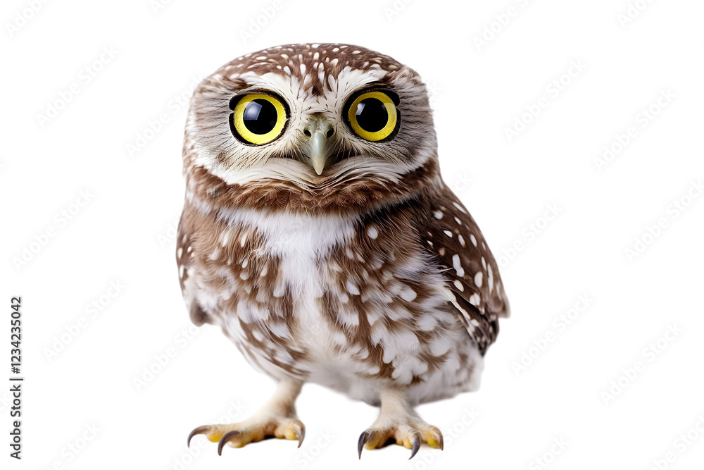 Naklejka premium A curious owl with large golden eyes, perched on a white surface. Transparent background