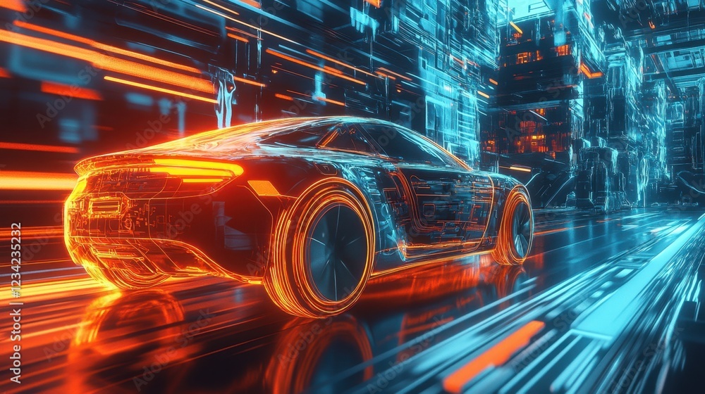 A D-rendered image of an autonomous car driving through a futuristic city with glowing roads A D-rendered image of an autonomous car driving through a futuristic city with glowing roads