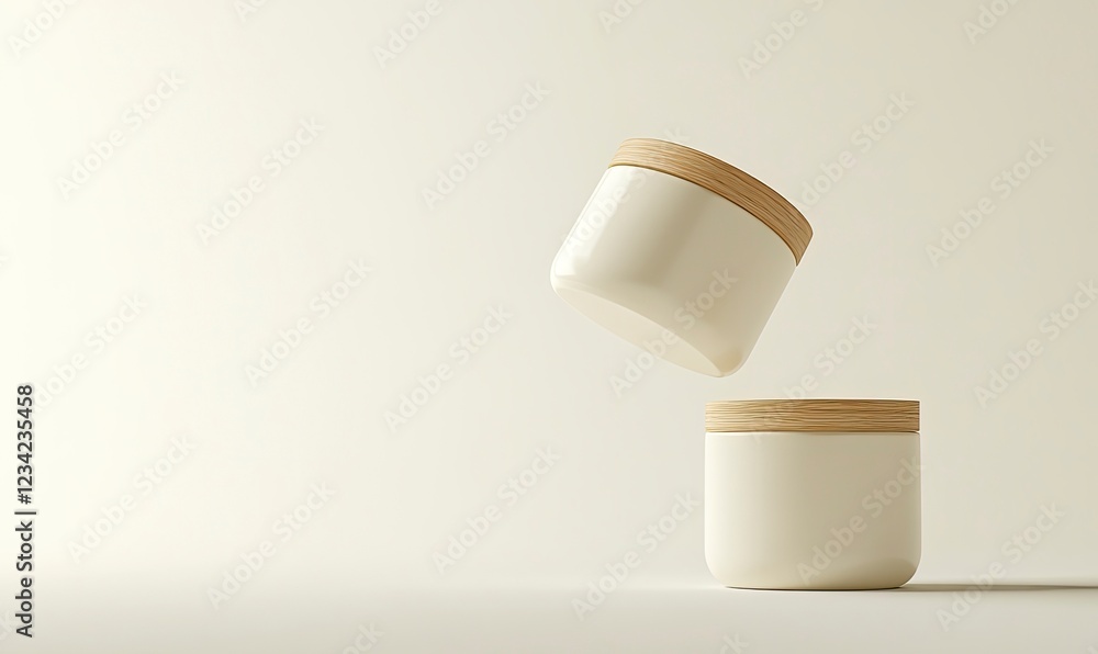 A mockup of two cream jars floating in the air on an off-white background, with a minimal and clean aesthetic, high-resolution photography, professional color grading, soft shadows, low contrast