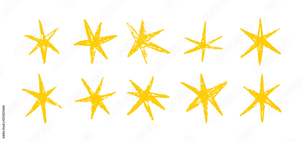 Grunge hand drawn yellow stars brush strokes and spray paint. Doodle star texture graffiti elements. Vintage ink stars Grunge hand drawn yellow stars brush strokes and spray paint. Doodle star texture graffiti elements. Vintage ink stars