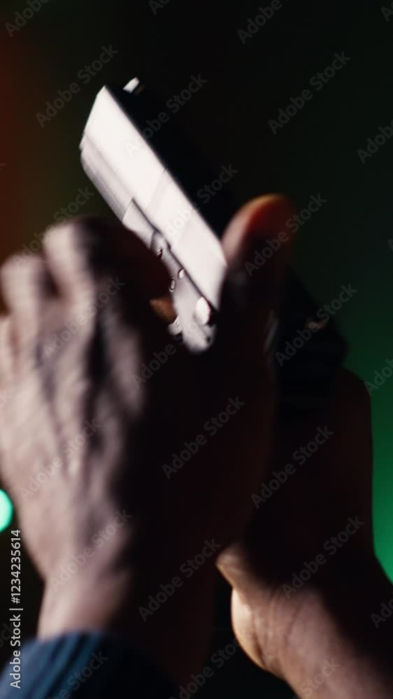 Vertical video Man reloading handgun in indoor shooting range, following safety protocols. Person carefully handling weapon following methodical firearms practice safety rules, camera B close up Vertical video Man reloading handgun in indoor shooting range, following safety protocols. Person carefully handling weapon following methodical firearms practice safety rules, camera B close up
