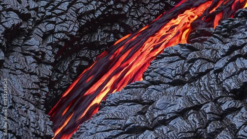 A close-up of viscous lava pouring over cooled rock ledges inside a ...