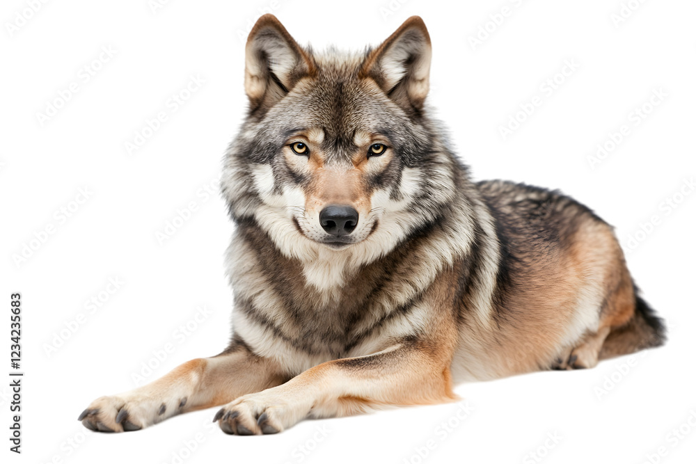 A large grey wolf with sharp features and fluffy fur, lying on a white surface. Transparent background
A large grey wolf with sharp features and fluffy fur, lying on a white surface. Transparent background
