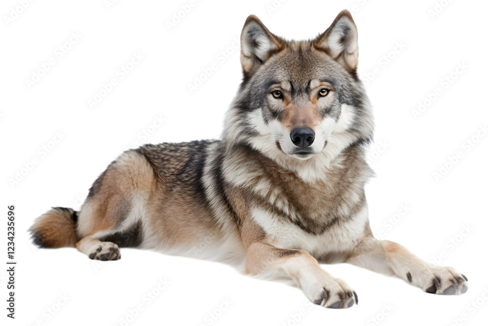 A large grey wolf with sharp features and fluffy fur, lying on a white surface. Transparent background
A large grey wolf with sharp features and fluffy fur, lying on a white surface. Transparent background