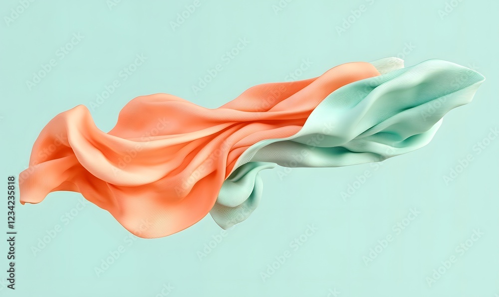 Fototapeta premium Flowing peach and mint fabric, studio shot, pastel background, design element