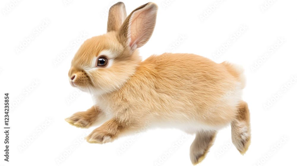 Obraz premium A playful baby rabbit hopping around, its soft fur and tiny paws visible. Transparent background