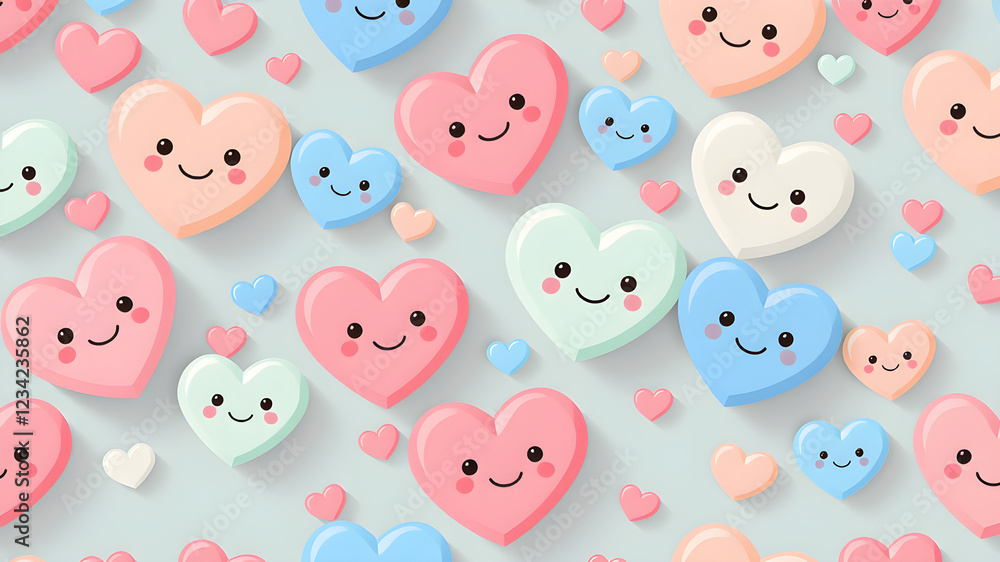 Flat design vector-style image of seamless pattern of hearts with kawaii smile, 3D. Generative AI Flat design vector-style image of seamless pattern of hearts with kawaii smile, 3D. Generative AI