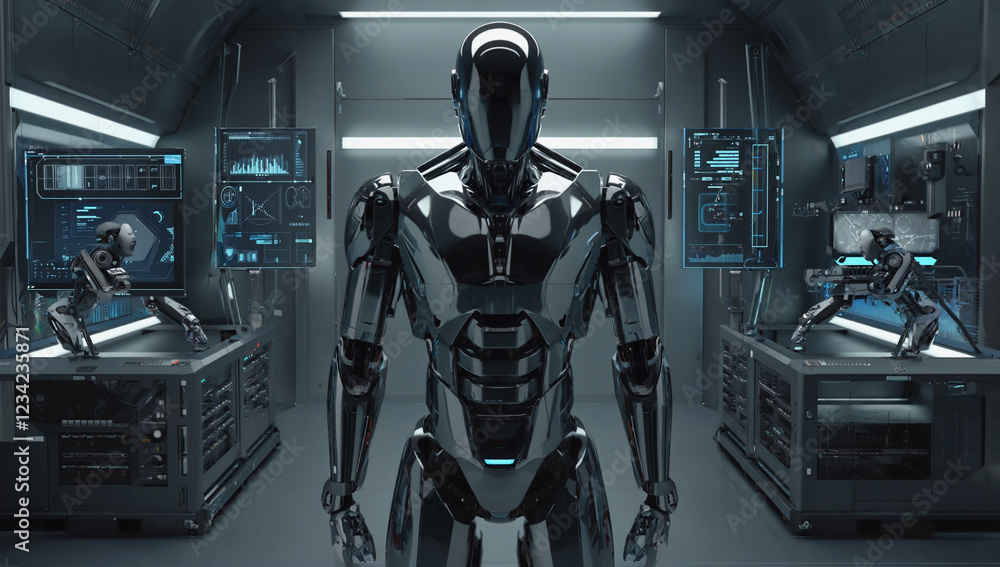 Cybernetic Sentinel: A sleek, humanoid robot stands sentinel in a high-tech laboratory, surrounded by advanced technological equipment. Its polished metallic surface reflects the ambient light. Cybernetic Sentinel: A sleek, humanoid robot stands sentinel in a high-tech laboratory, surrounded by advanced technological equipment. Its polished metallic surface reflects the ambient light.