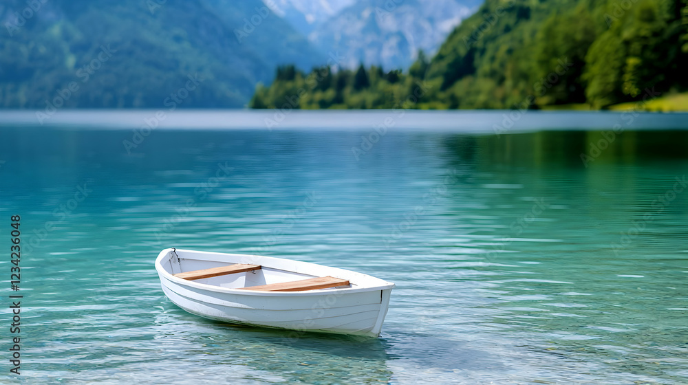 Naklejka premium Serene lake, white rowboat, mountain backdrop, summer calm