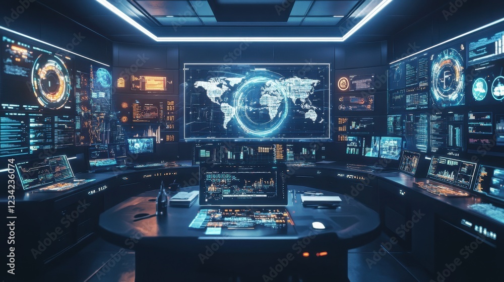 A futuristic workspace with holographic data analytics and reports. A futuristic workspace with holographic data analytics and reports.