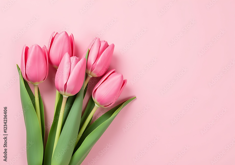 pink tulip bouquet pastel pink background various occasions celebrations flat laid design plenty space pink tulip bouquet pastel pink background various occasions celebrations flat laid design plenty space