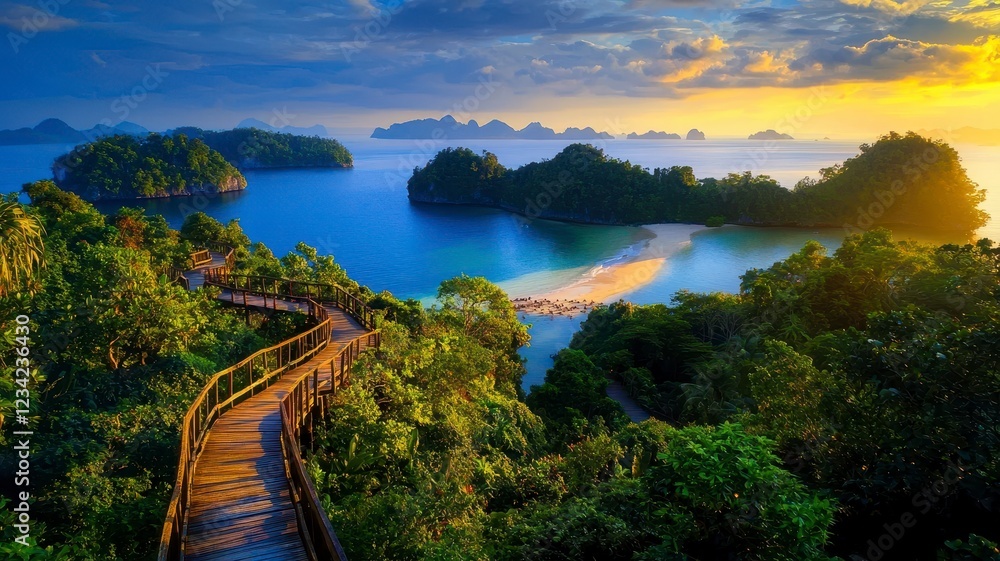 Obraz premium Tropical islands tranquil private concept. A serene landscape featuring a wooden path winding through lush greenery, leading to a tranquil bay with islands under a colorful sunset sky.