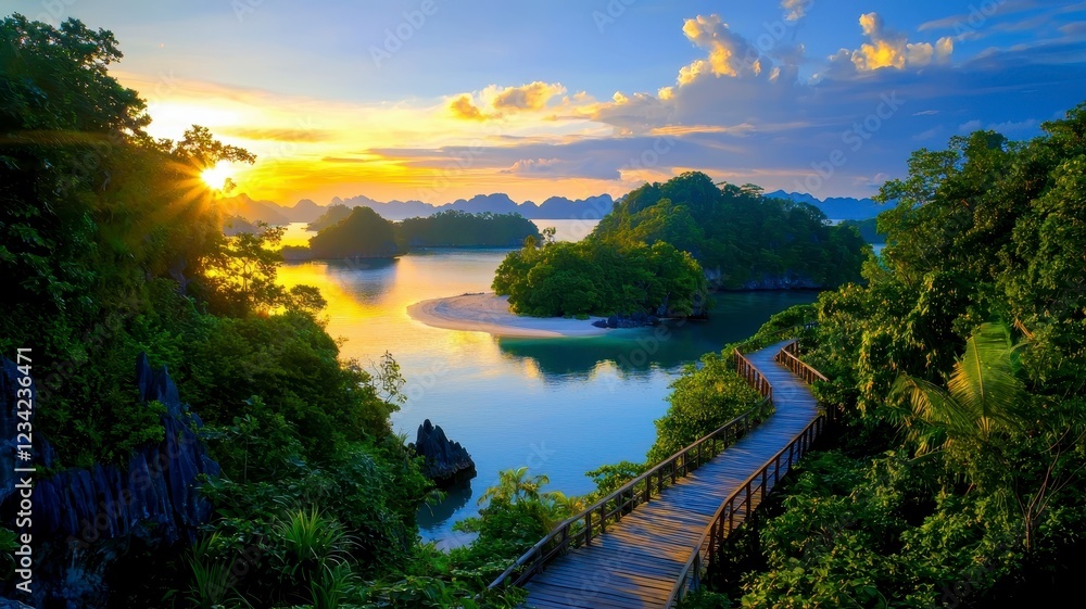 Fototapeta premium Tropical islands tranquil private concept. A serene landscape featuring a wooden path winding through lush greenery, leading towards calm waters illuminated by a vibrant sunrise.