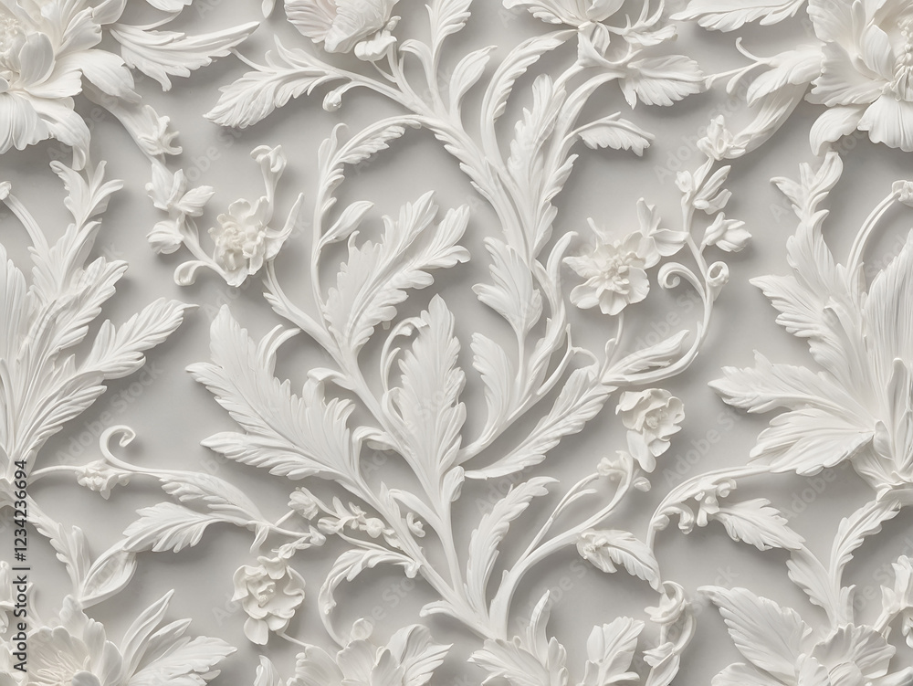 Create a detailed, high-resolution image of intricate, ornate, white floral and foliate carvings, reminiscent of classical architectural relief, with a soft gray background smooth, sculpted texture Create a detailed, high-resolution image of intricate, ornate, white floral and foliate carvings, reminiscent of classical architectural relief, with a soft gray background smooth, sculpted texture
