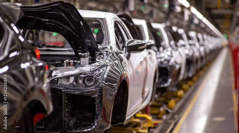 Fototapeta premium A production line manufacturing hybrid cars in a state-of-the-art facility