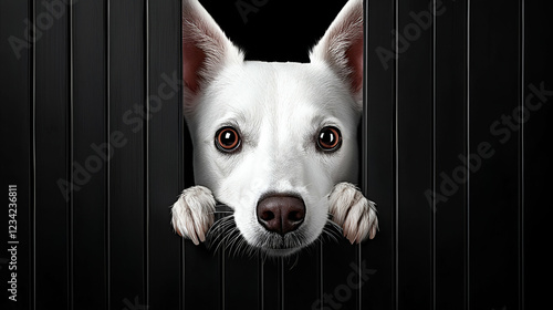 White dog peeking through black fence; curious, playful gaze