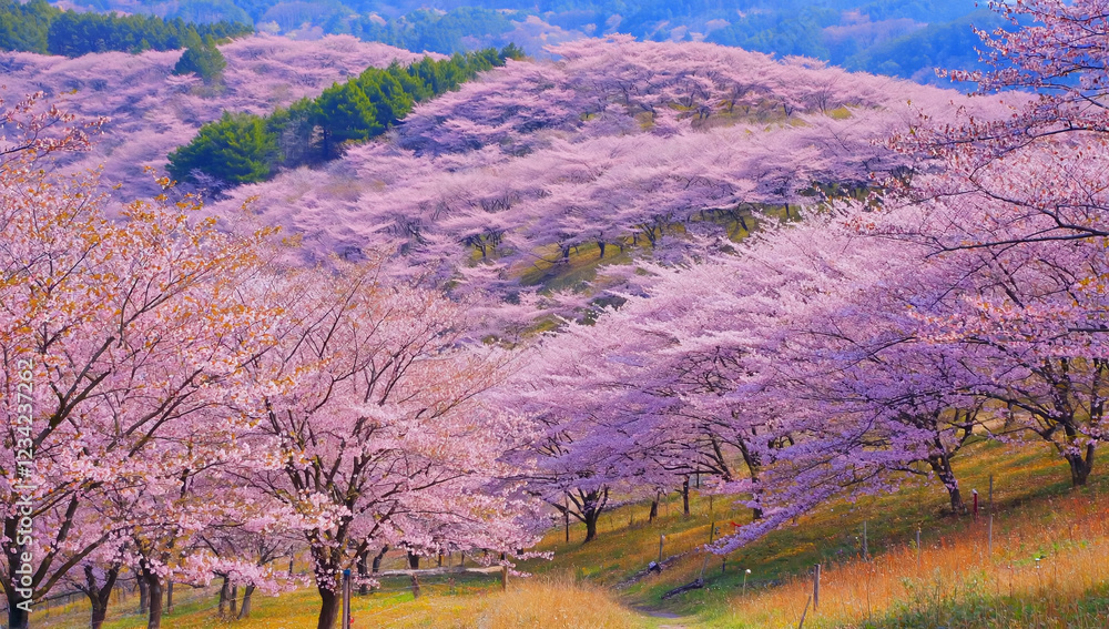 Cherry Blossom Hillside: A breathtaking panoramic view of a hillside blanketed in a sea of vibrant pink cherry blossoms, creating a serene and picturesque landscape. Cherry Blossom Hillside: A breathtaking panoramic view of a hillside blanketed in a sea of vibrant pink cherry blossoms, creating a serene and picturesque landscape.