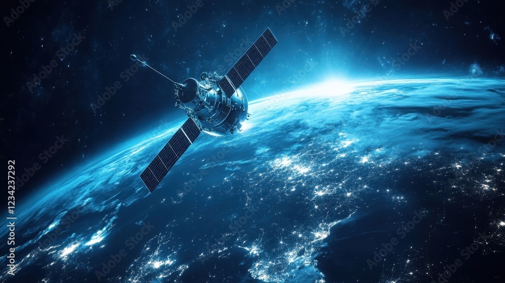 A satellite orbiting Earth, representing global communication and data transfer. A satellite orbiting Earth, representing global communication and data transfer.