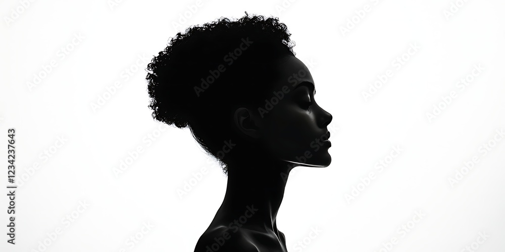 A striking silhouette of a woman with curly hair, capturing grace and beauty against a stark white background.