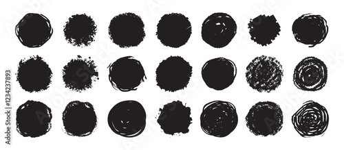 Round grunge scratch and textured ink brush strokes set. isolated vector black Collection. Dirty expressive hand drawn inky stains and blobs