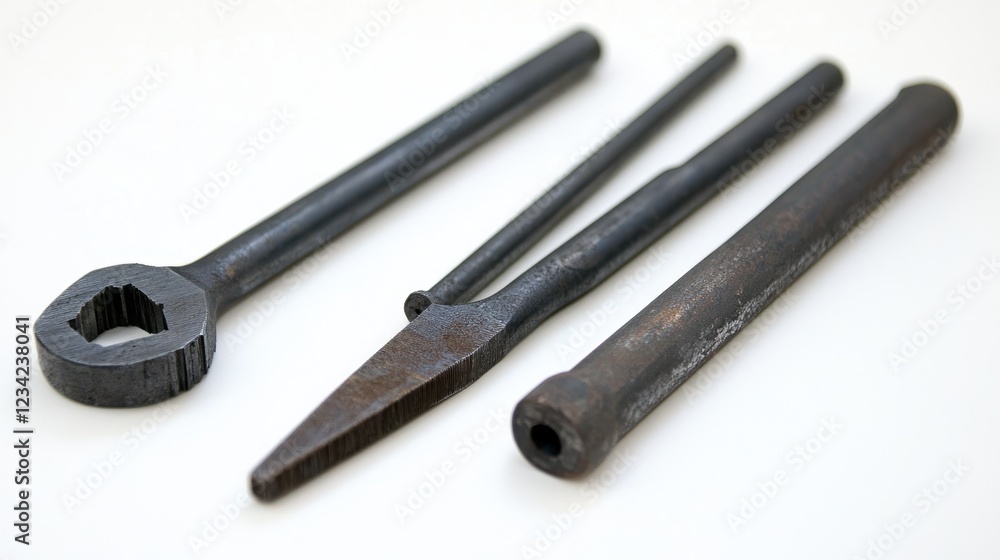 Close-up of metalworking tools on a white background, highlighting the precision and quality of industrial tools used in manufacturing Close-up of metalworking tools on a white background, highlighting the precision and quality of industrial tools used in manufacturing