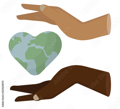 Diverse Hands Embracing Heart Earth isolated on transparent background. Multicultural hands supporting a heart-shaped Earth. Diversity, unity and environmental stewardship. Vector illustration
