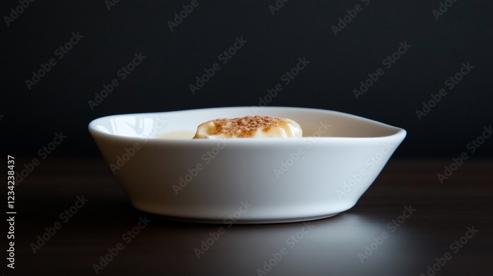 Delicious Dessert In A Bowl With Light Brown Powder On Top, Dark Background Delicious Dessert In A Bowl With Light Brown Powder On Top, Dark Background