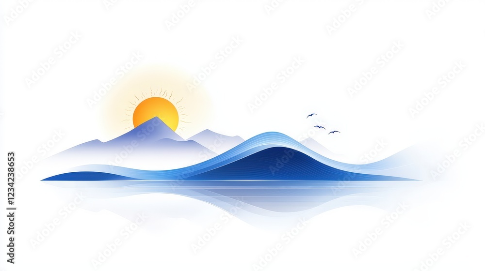 A modern seaside vector icon, with a geometric wave and sun design, employing a minimal color scheme that captures the tranquility of the ocean. A modern seaside vector icon, with a geometric wave and sun design, employing a minimal color scheme that captures the tranquility of the ocean.