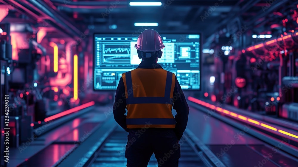 A man in a high-visibility vest and hard hat stands facing away from the camera, looking at a large digital screen displaying data on the production line of a factory A man in a high-visibility vest and hard hat stands facing away from the camera, looking at a large digital screen displaying data on the production line of a factory