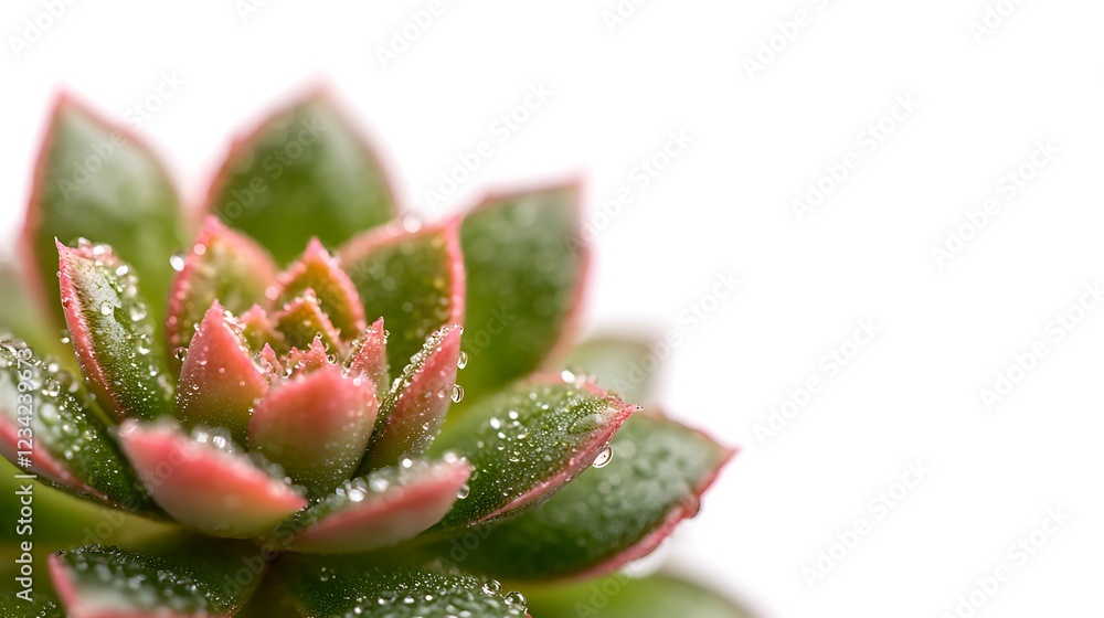 A vibrant succulent with dewdrops, showcasing its fleshy leaves and pink edges against a clean white background, exuding freshness and vitality. A vibrant succulent with dewdrops, showcasing its fleshy leaves and pink edges against a clean white background, exuding freshness and vitality.