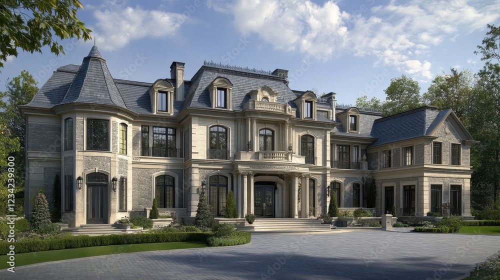 Luxury mansion with a circular driveway and elegant front entrance Luxury mansion with a circular driveway and elegant front entrance