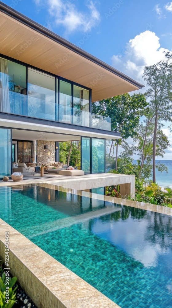 Fototapeta premium Infinity pool overlooking tropical ocean at luxurious modern villa