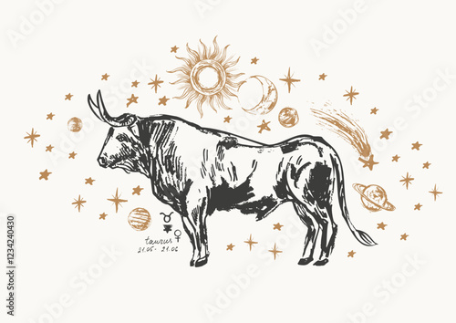 Hand drawn taurus zodiac sign illustration, horoscope background