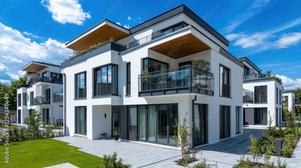 Modern real estate development with a row of stylish townhouses under a blue sky Modern real estate development with a row of stylish townhouses under a blue sky