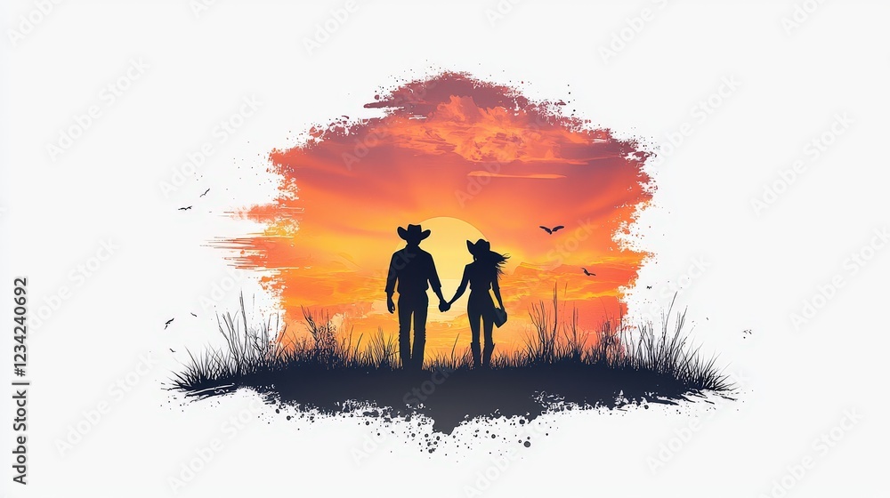Fototapeta premium A striking flat vector silhouette of a cowboy and cowgirl holding hands, evoking the spirit of partnership and adventure in the wild west
