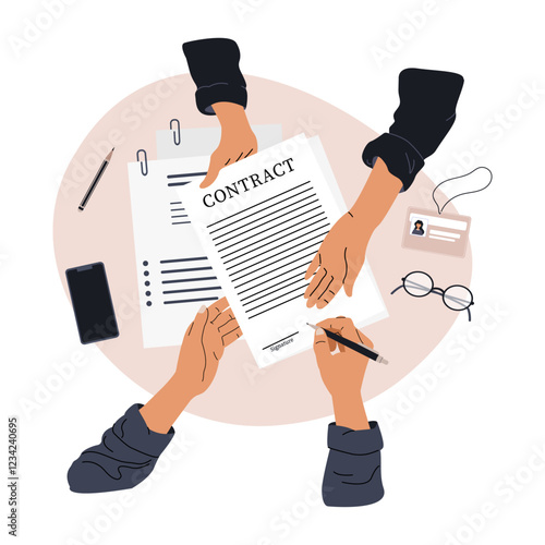 Illustration concept of concluding a contract, business negotiations, insurance. Two male businessmen make a deal, sign a contract, an insurance policy. Vector illustration in flat style.	