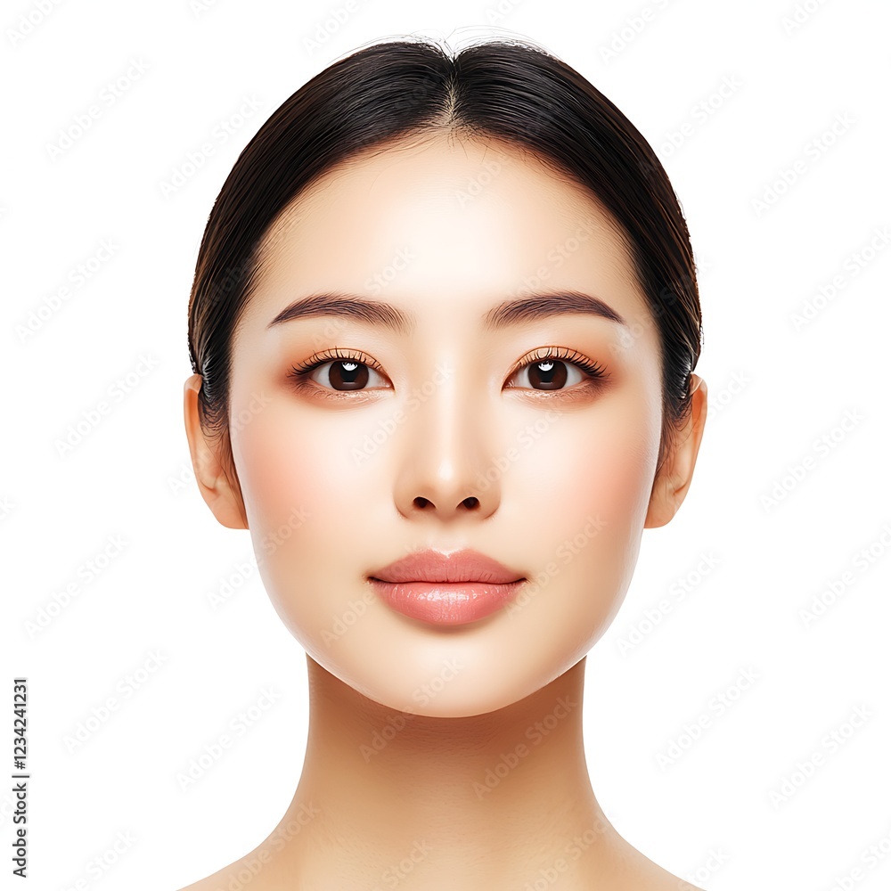 Obraz premium A close-up portrait of a woman with smooth skin, natural makeup, and a serene expression, set against a white background.