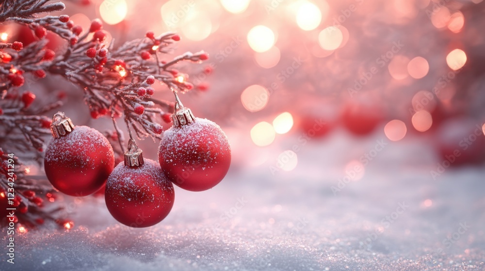 Festive red ornaments hanging on frosted branches amidst a soft, glowing winter background Festive red ornaments hanging on frosted branches amidst a soft, glowing winter background
