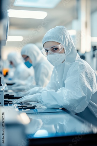 Technicians in cleanroom suits assembling microchips with high-tech precision equipment photo