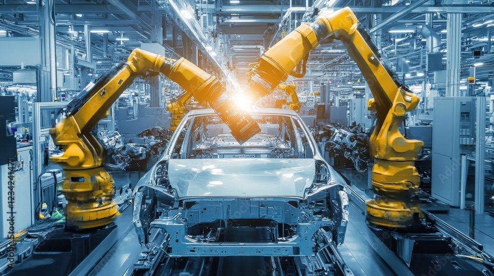 Robotic arms working on an automobile frame in an advanced production facility with bright lighting Robotic arms working on an automobile frame in an advanced production facility with bright lighting