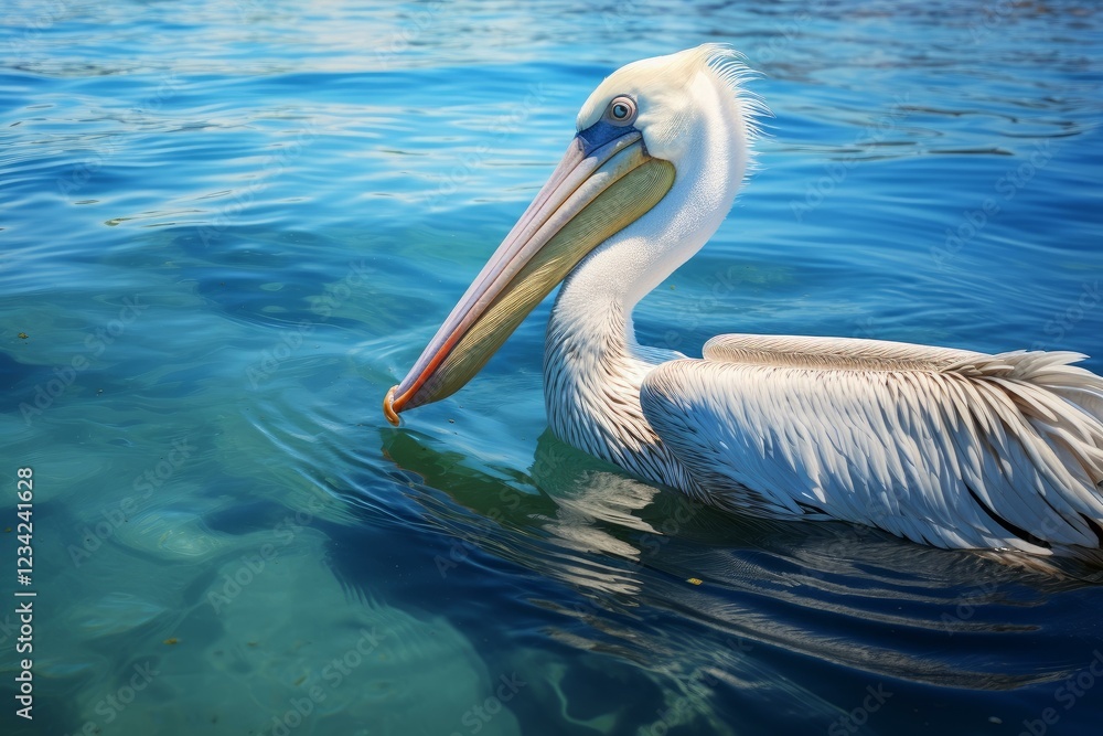Large white pelican swimming peacefully in crystal clear blue water Large white pelican swimming peacefully in crystal clear blue water