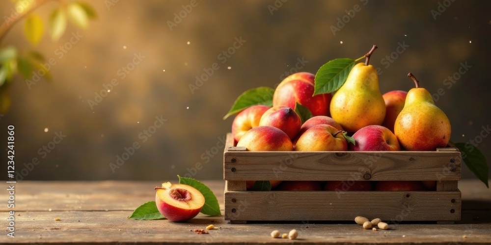 custom made wallpaper toronto digitalRustic Wooden Crate Overflowing with Ripe Peaches and Pears, a Still Life of Autumnal Abundance on a Weathered Wooden Table