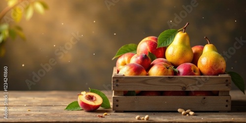 Wallpaper Mural Rustic Wooden Crate Overflowing with Ripe Peaches and Pears, a Still Life of Autumnal Abundance on a Weathered Wooden Table Torontodigital.ca