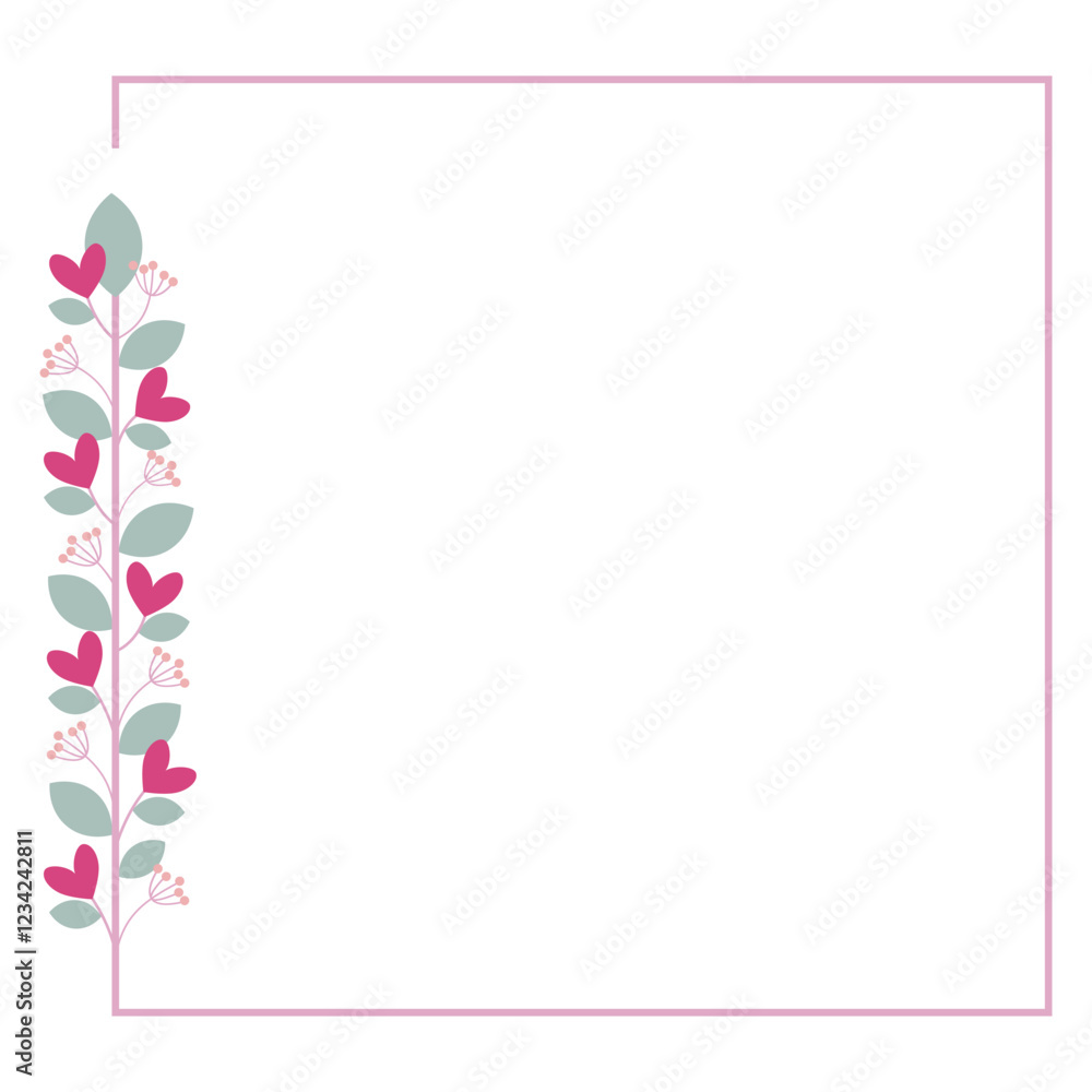 Square Borders Frame With Love Pink Flowers And Leaves Square Borders Frame With Love Pink Flowers And Leaves